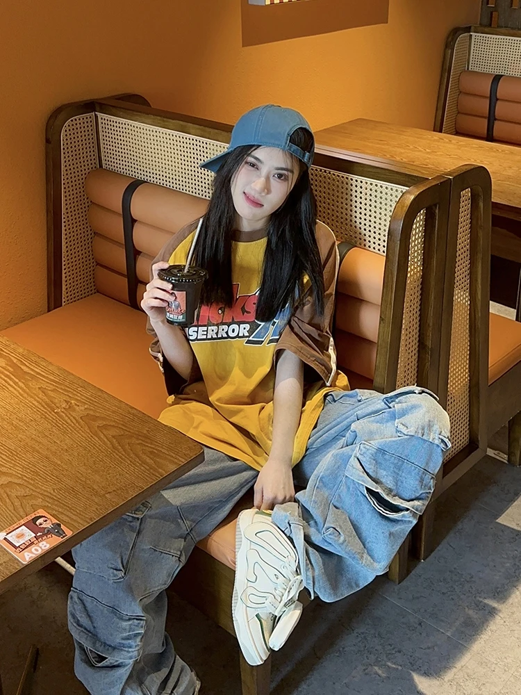 

Летняя футболка с круглым вырезом и принтом, свободного кроя, универсальная, в стиле High Street...