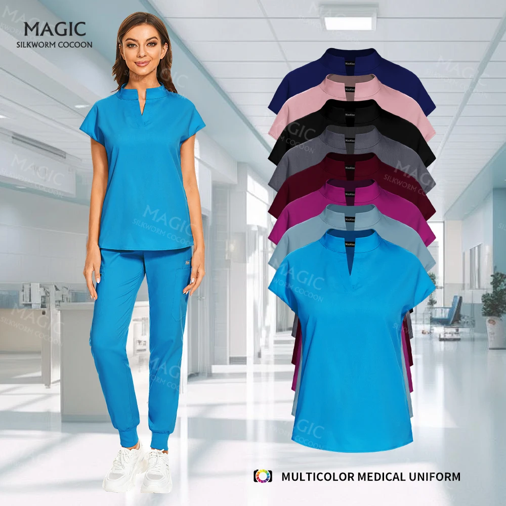 

Pet Hospital Veterinary Uniform Solid Color Scrubs Set for Women V-neck Unisex Surgical Jogger Suits with Pocket Wholesale Price