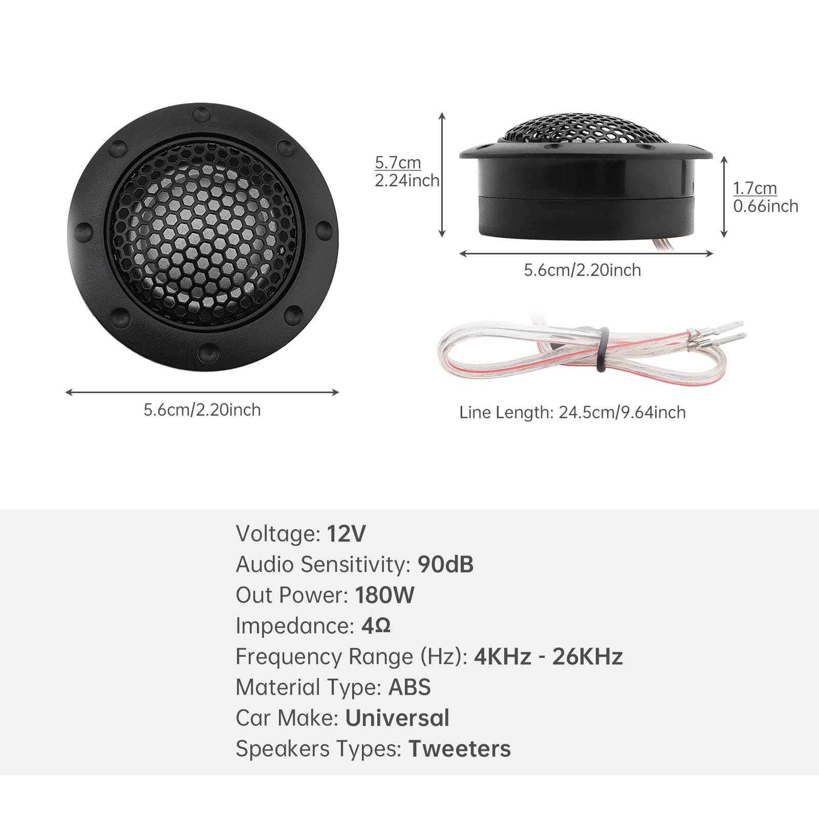 2pcs 1.5 inch 180W Silk Dome Tweeter Speakers for Car Audio System with Hi Fi Filtering Capacitor, Black High Frequency Tweeters