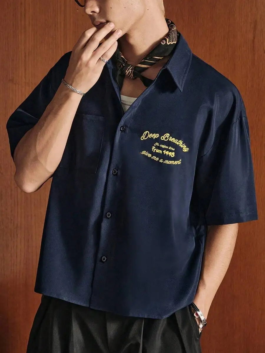 

Men's Navy Blue Loose Short Sleeve Shirt with Gold Script Embroidery, Casual Streetwear Style