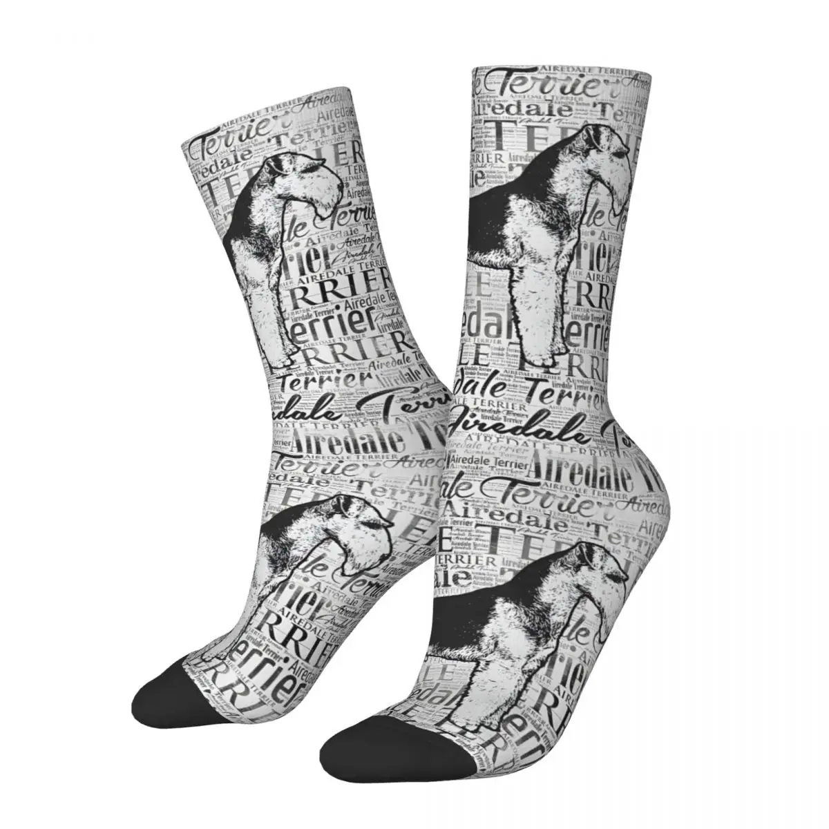 Vintage Airedale Terrier Monotone Word Art Men's Socks Unisex Street Style Seamless Printed Funny Crew Sock Gift