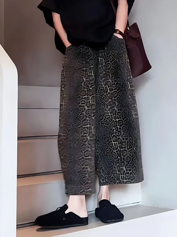 

plus Size High Waist Wide Leg Casual Pants Women's Small Size Nine Points Summer Leopard Print Comfortable Breathable Trousers