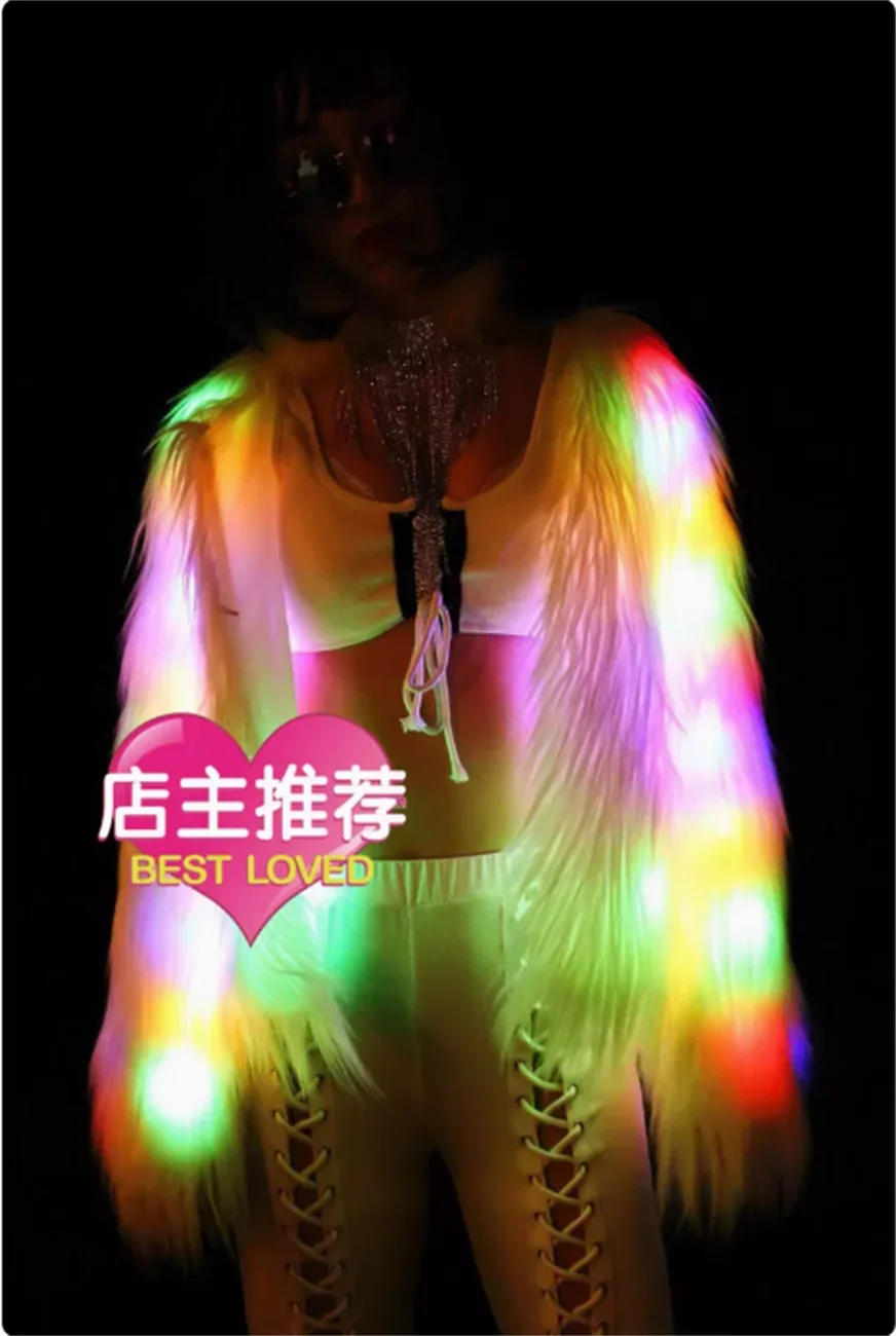 Electric syllable party LED glowing plush fur colored coat, bar and nightclub performance flash top for women