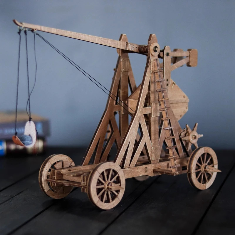 Vintage Style Wooden Trebuchet Kit - Medieval Counterweight Catapult DIY Model, Four-Wheeled Build-Your-Own Desktop Decoration