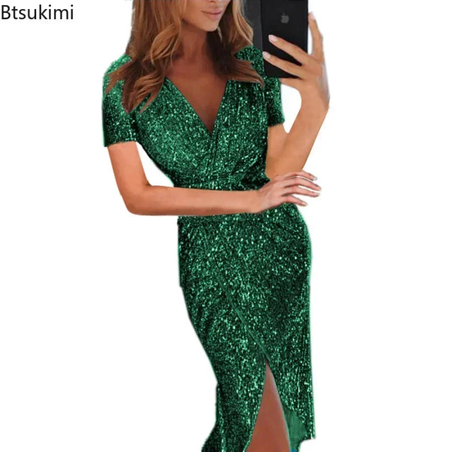 2024 Spring Summer Gold Sliver Green Sequined Party Dress Women Front Split Bodycon Party Vestidos Bling Clubwear Dress Vestidos