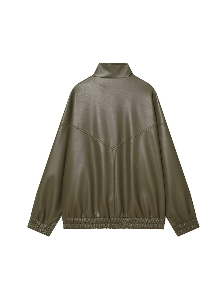 سترة جلدية شتوية بياقة واقفة للنساء كاجوال بأكمام كاملة وسحاب بلون سادة معطف قصير فضفاض للسيدات ملابس خروج عصرية