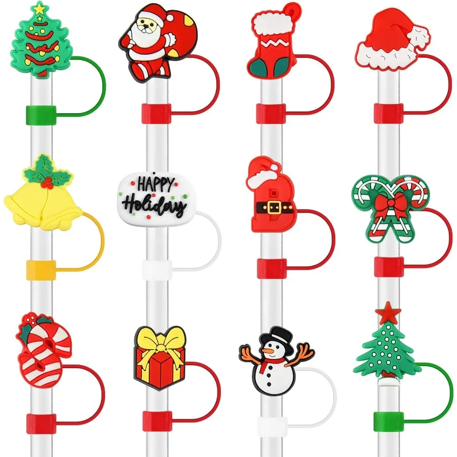 12 шт., силиконовая крышка для соломинки на рождественскую тематику для соломинки 10 мм, пылезащитная соломинка для питья, топпа для рождественских праздничных вечеринок