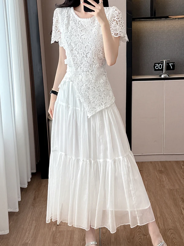 Ele الدانتيل والتطريز الجوف خارج الأعلى وتنورة قطعتين مجموعة المرأة عطلة الصيف فريدة من نوعها جميلة Faionable #4