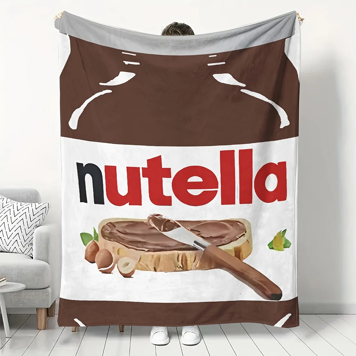 Cute Nutella Chocolate Spread Blanket Throw for Couch Home Decor Gift Fleece Cozy Dessert Lover Kitchen Cartoon Apartment Throw