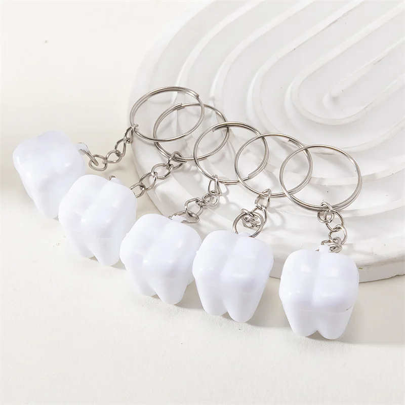 5PCS Simulation Cartoon Teeth Keychain White Teeth Keyring Key Chains Resin Tooth Shape Key Rings For Women Jewelry Gift