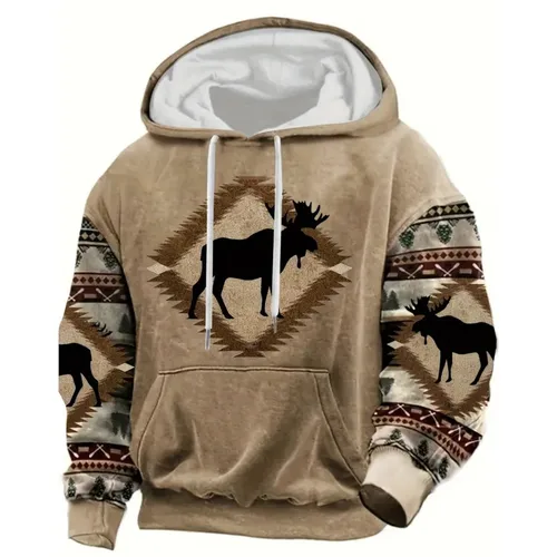 Imagen 2 del producto Sudadera con capucha con estampado geométrico 3D de estilo étnico Vintage para hombre, sombrero de vaquero, sudadera de manga larga con capucha, sudaderas con capucha de gran tamaño para hombre