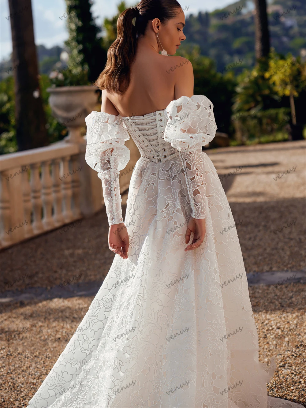 Vestidos de casamento encantadores rendas em camadas vestidos de noiva fora do ombro robes mangas puff glamouroso vestidos de novia personalizado