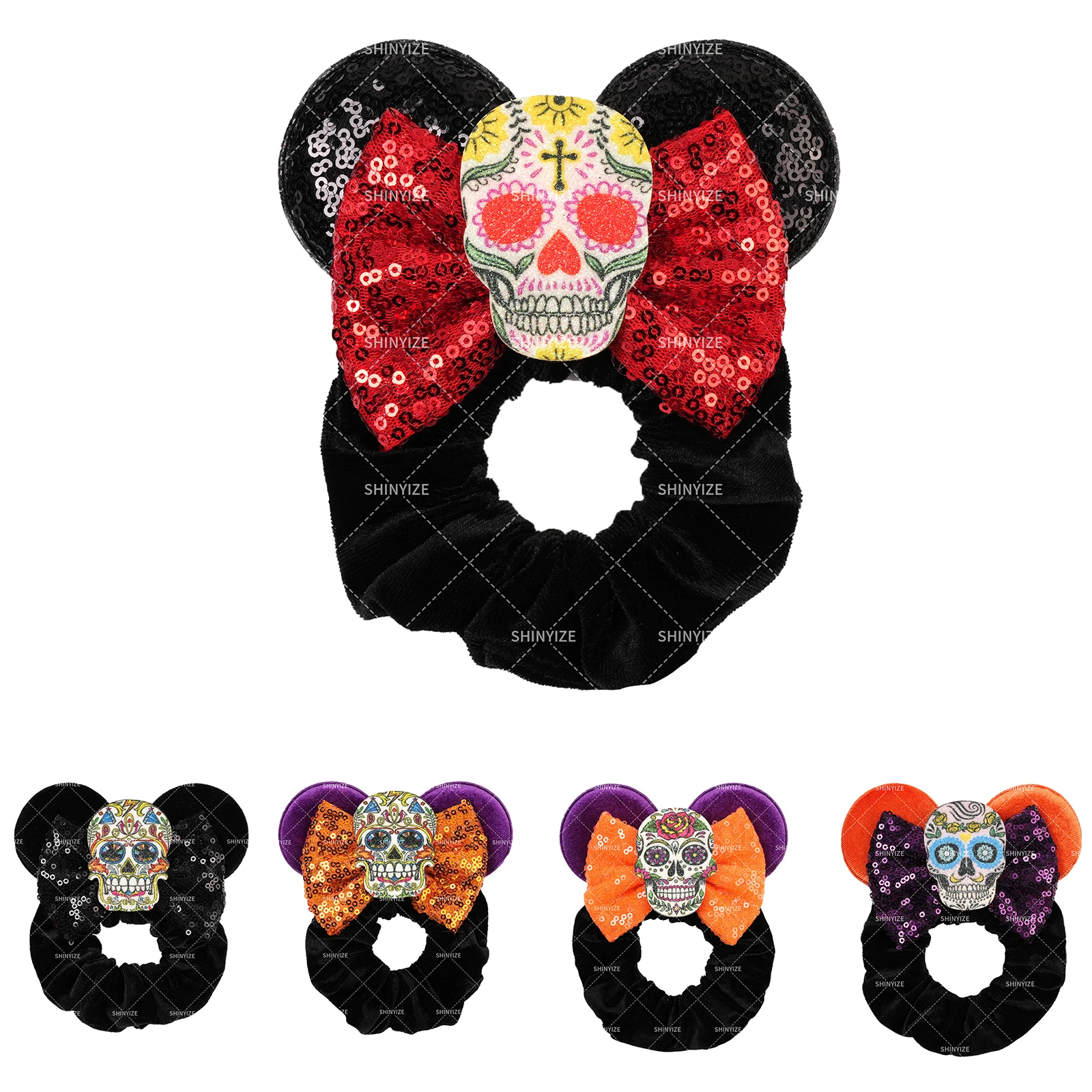 

1pc Halloween Mickey Minnie Mouse Ear Hair Rope Festival Atmosphere Skull Pattern Festival Party Wear Disney Hair Accessories