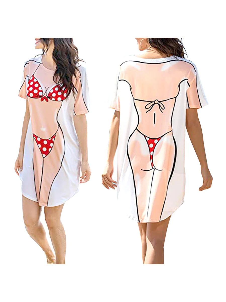 Women Summer Bikini Cover Up Dress 3D Bikini Print Round Neck Short Sleeve Relax-Fit  Beachwear Funny Bikini Shirt