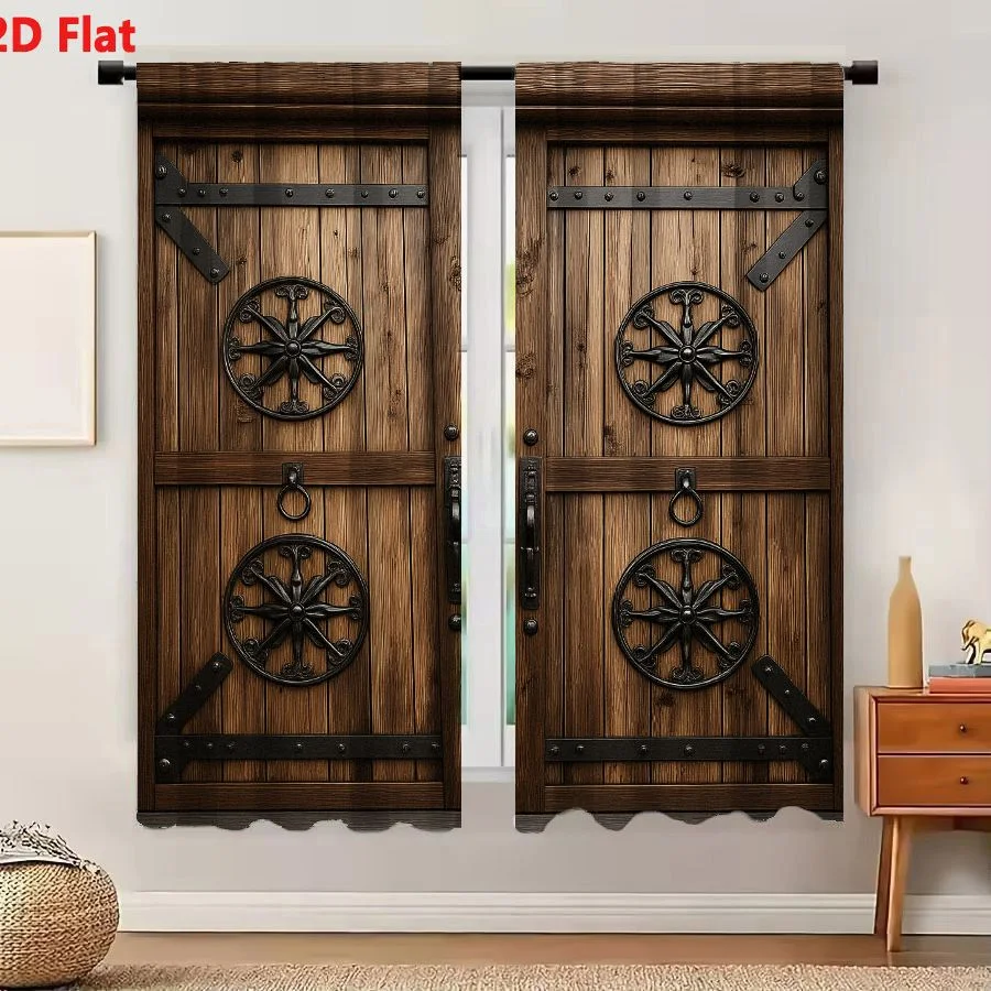 2Pcs Curtains 2D Flat Ornate Double Wooden Doors Rustic Medieval Aesthetic With Heavy Dark Metal Hardware And Circular Iron Meda