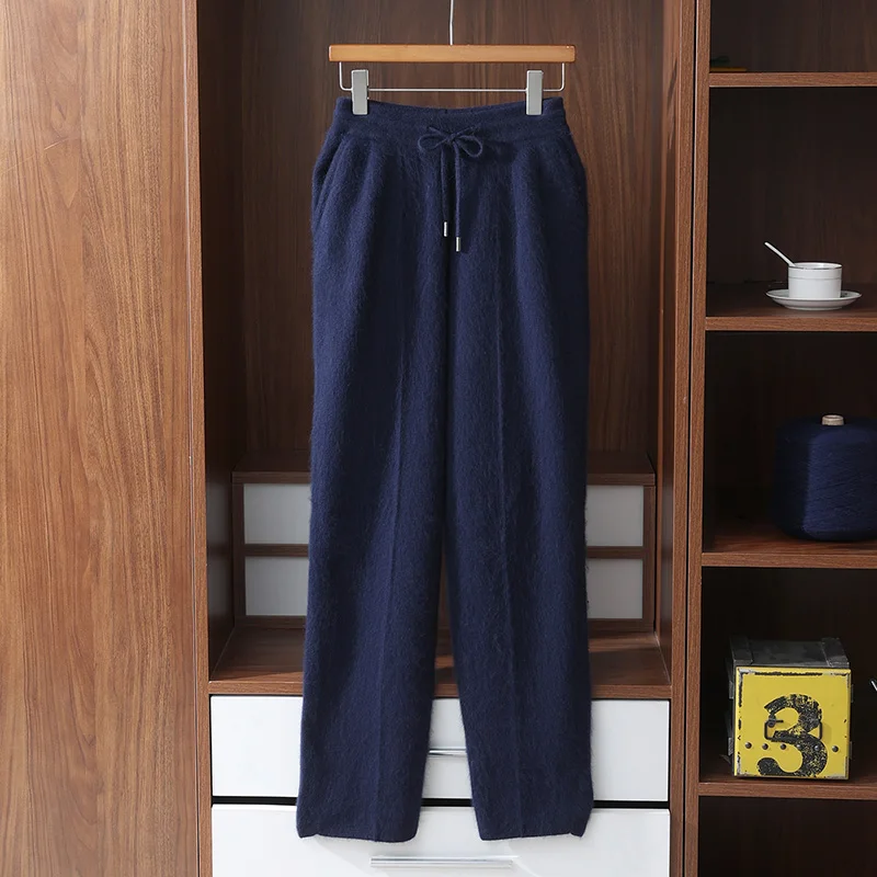 Autumn And Winter New Mink Wool Men's Loose Straight Casual Pants Padded Warm Knitted Cashmere Pants Sweatpants