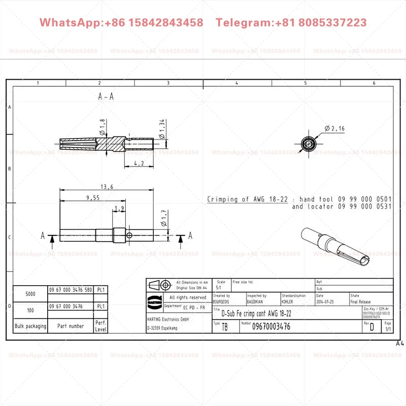 Genuine Harting 09670003476 Female Contact Core 5A 0.33-0.82mm² D-SUB Crimp Pin -10Pcs