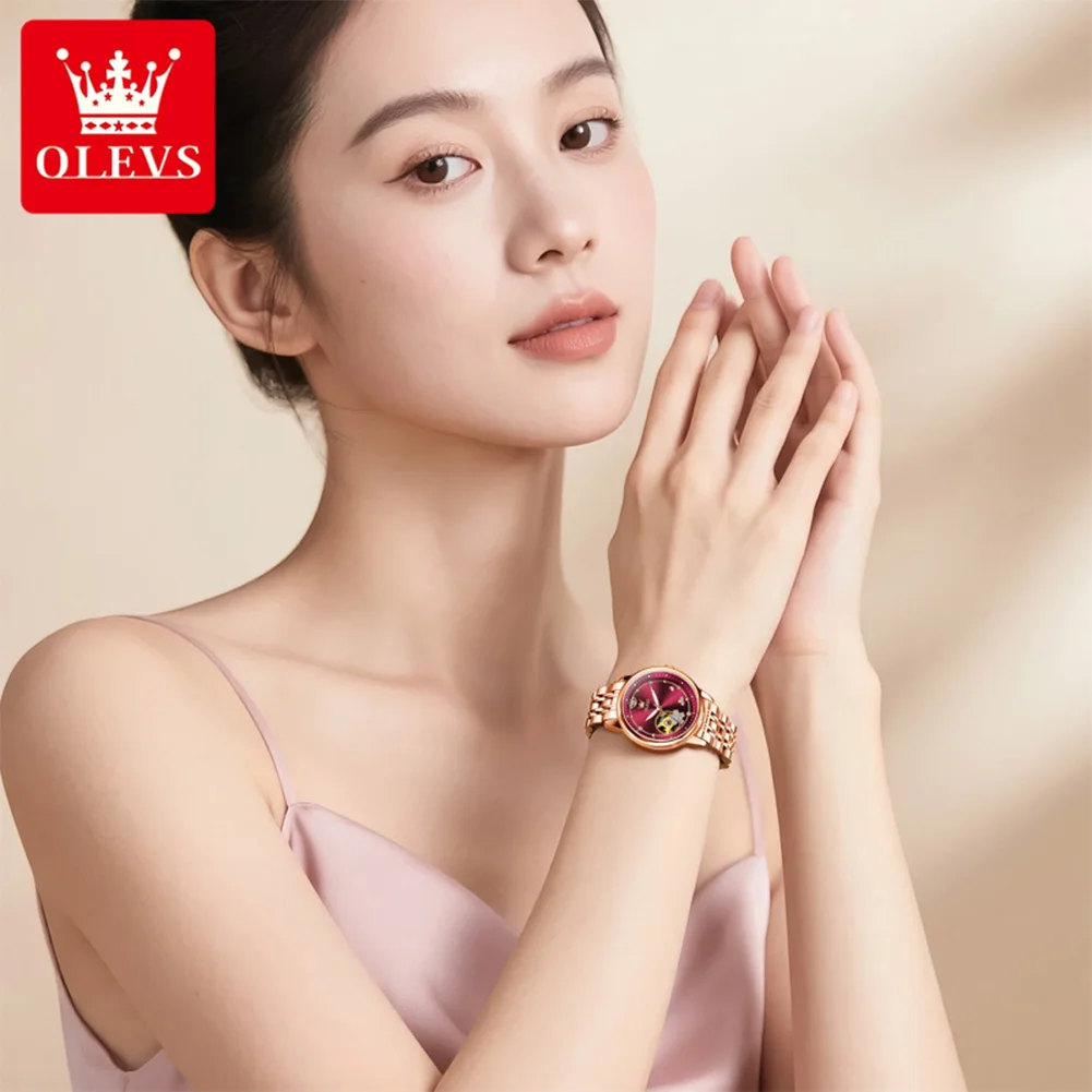 OLEVS 여성용 시계 럭셔리 패션 오리지널 자동 기계식 시계 레이디 팔찌 및 목걸이 선물 상자 트렌드 New
