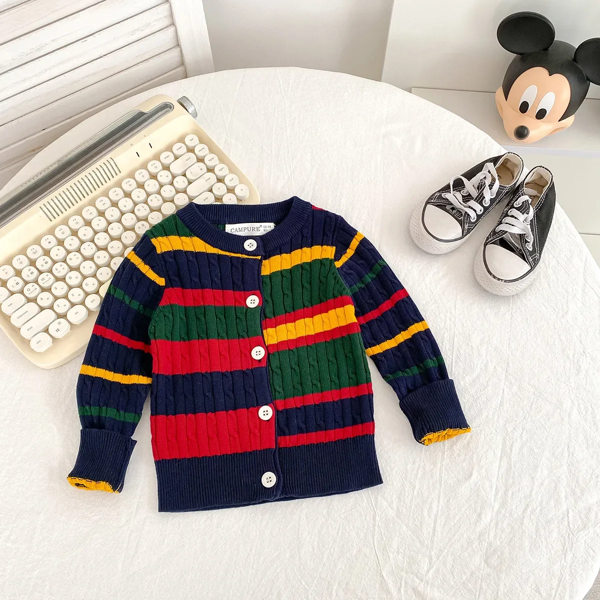 

Children Boys Sweater Cardigan Loose Contrast Striped Infant Babys Boys Knitwear Coat Cotton Round Collar Kids Boys Outerwear