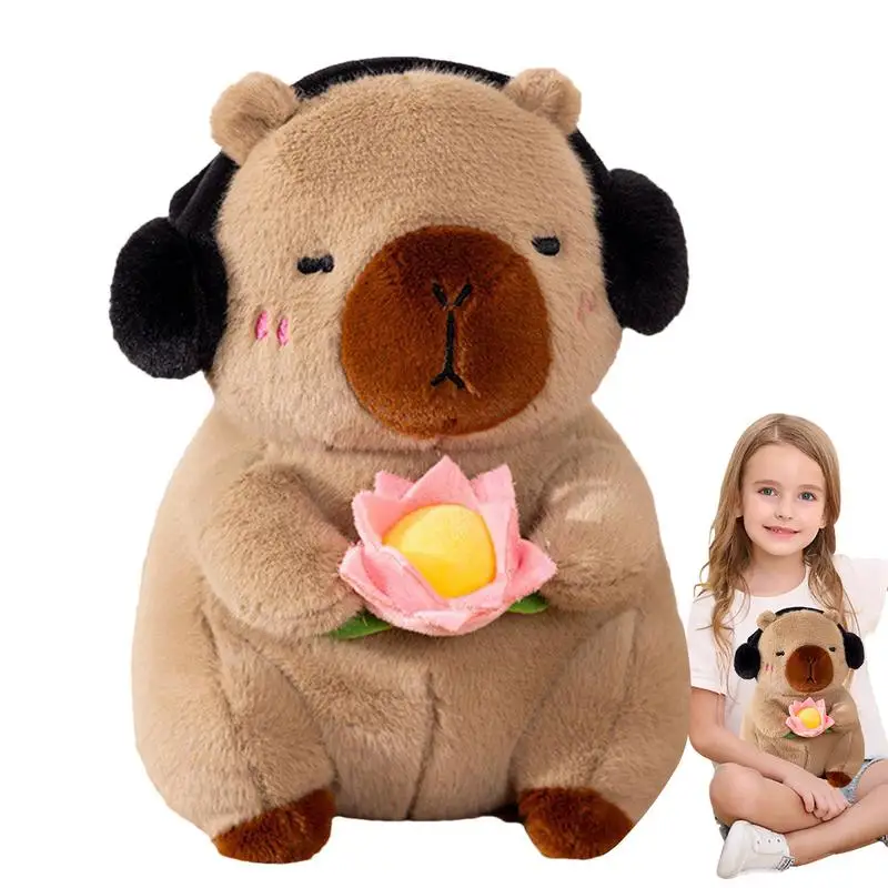 Stuffed Capybara Capybara With Ear Muff Plush Animal Soft Animal Toys Plushie Pillow With Lotus 25cm/9.8inch Capybara Stuffed