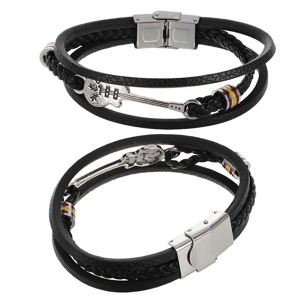 2 قطعة سوار الرجال نمط فاسق متعدد الطبقات معصمه الغيتار قابل للتعديل بولي Black الكفة السوداء مجوهرات الأطراف عادية مجوهرات بسيطة