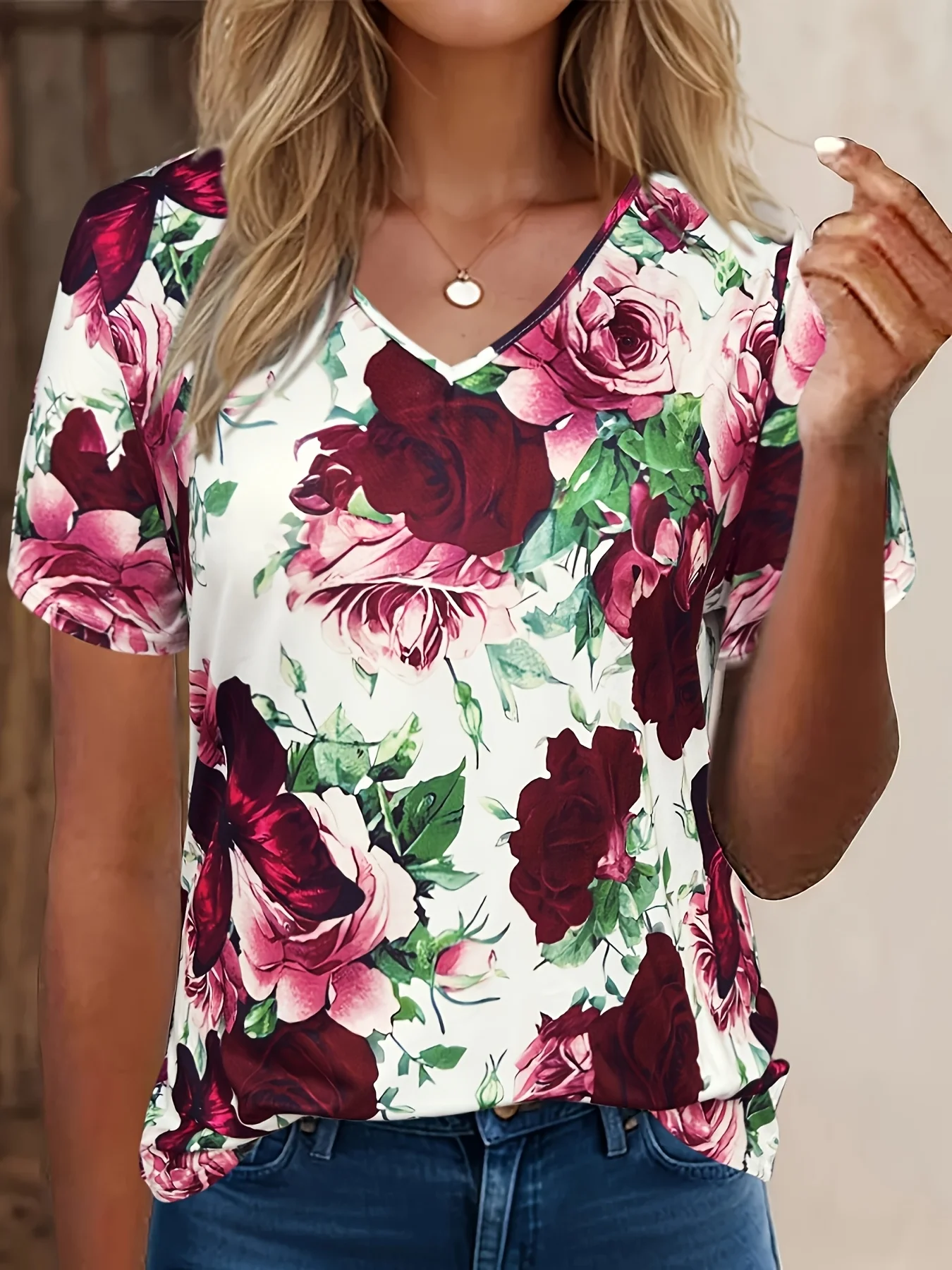 T-shirt women summer casual elegant simple V-neck short sleeve 3d print floral print top loose casual wear ladies T-shirt