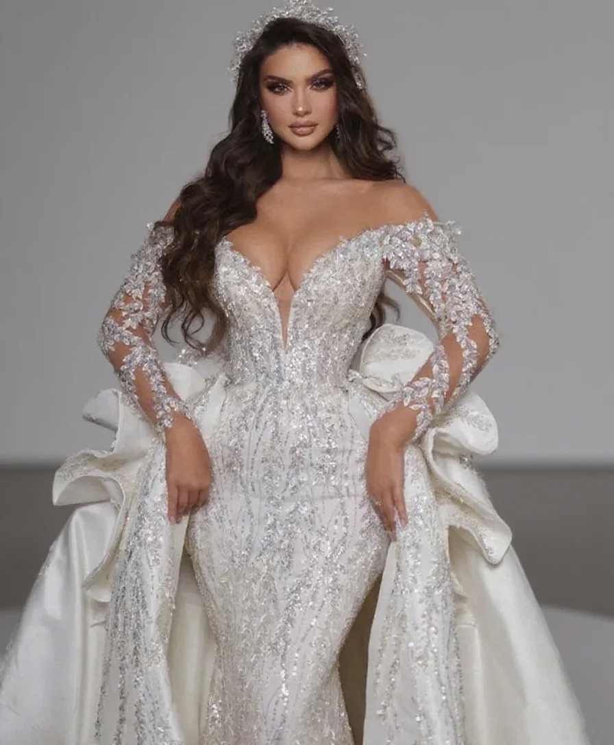 

Luxury All Over Shiny Beading Bridal Wedding Dresses Sequins Long Sleeve Mermaid Bride Prom Gown Detachable Train Customized