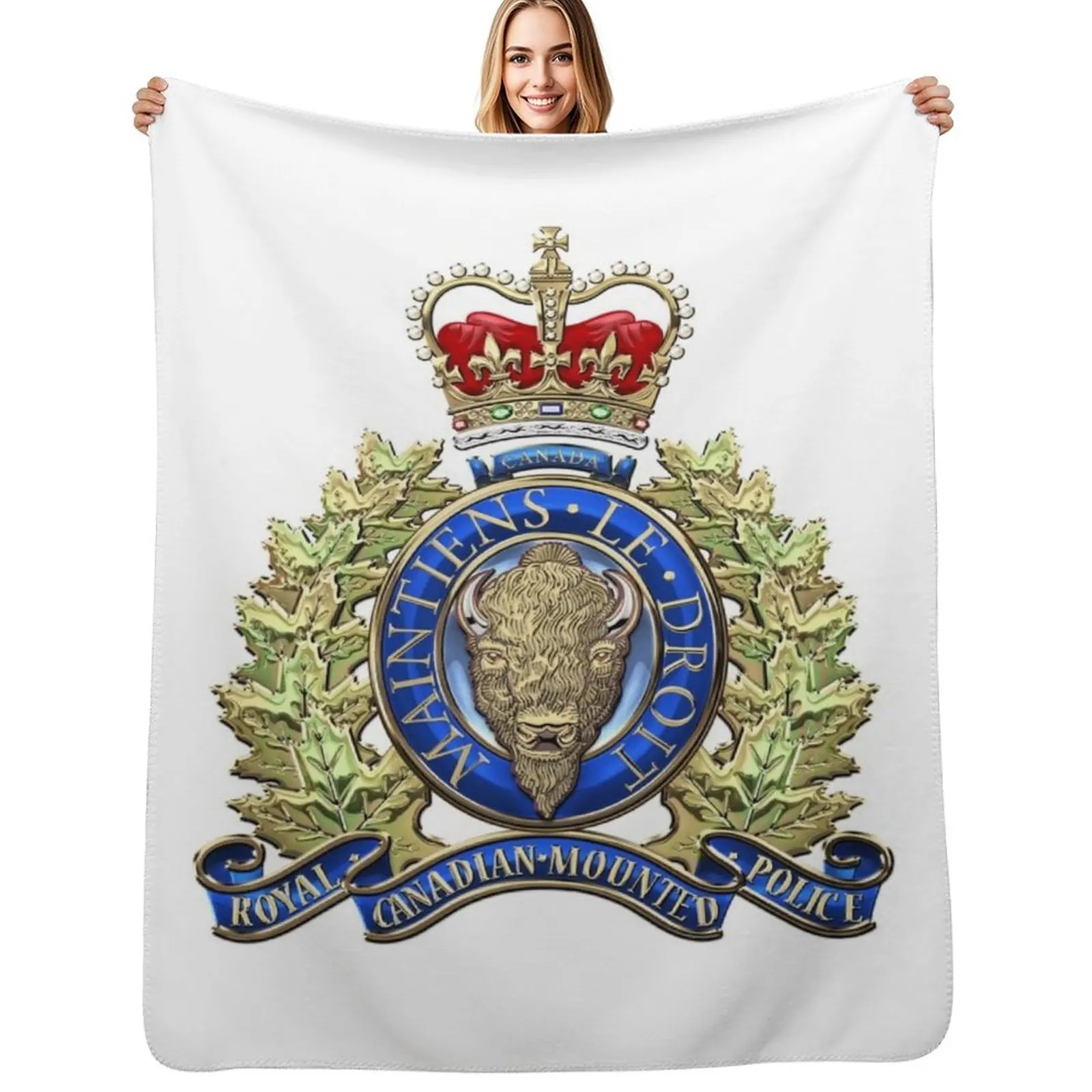 Royal Canadian Mounted Police - RCMP Badge over White Leather Throw Blanket Cute Plaid Stuffeds Cute halloween Luxury Blankets