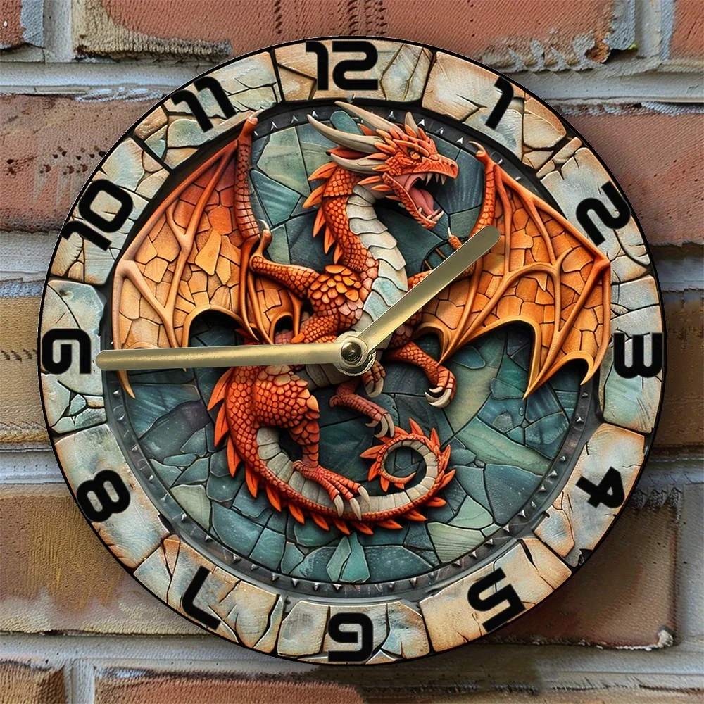 Inferno Dragon Silent Wall Clock, Aluminum DIY Kit with 3 Hand Sets, High-Definition 2D Print, Fantasy Room Decor, Gift Idea