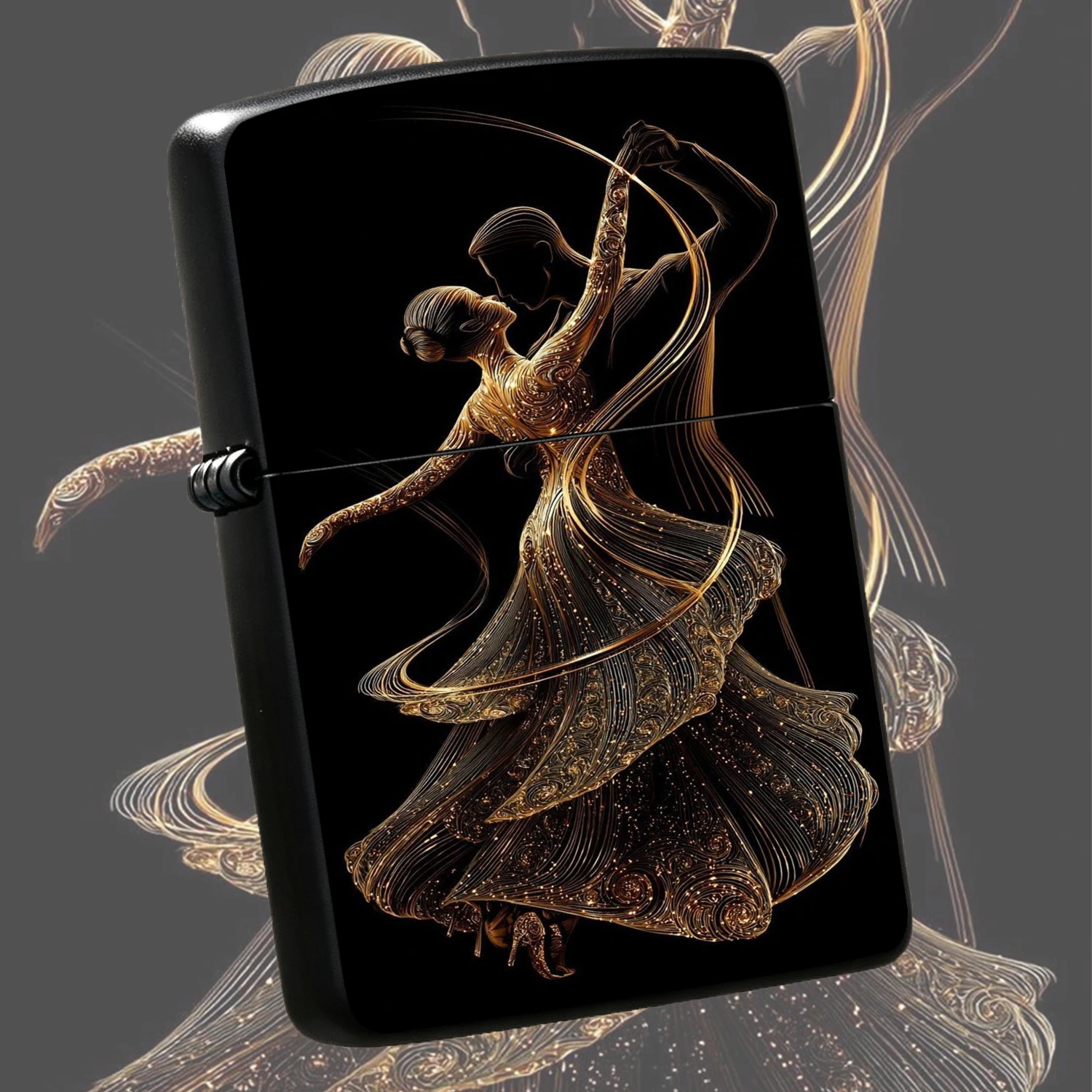 Exquisite Golden Line Ballroom Dancer Pattern Lighter, Elegant Tango Couple Art Decor Portable Accessory, Chic Glossy Gilded Design Ideal For Daily Carry, Gifting, And All Kinds Of Casual Formal Occasions A Humorous And Interesting Lighter
