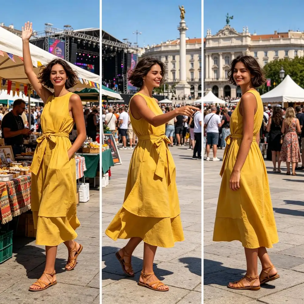 

Simple Style Sleeveless Beach Sundress, Crew Neck Casual Flowy A-line Versatile Daily Wear Dress, Tie Waist Loose Tank Dress