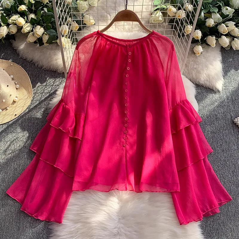 French Ruffle Patchwork Purple Shirt For Women 2025 New Design Sense Youthful Versatile Loose Bell Sleeve Top