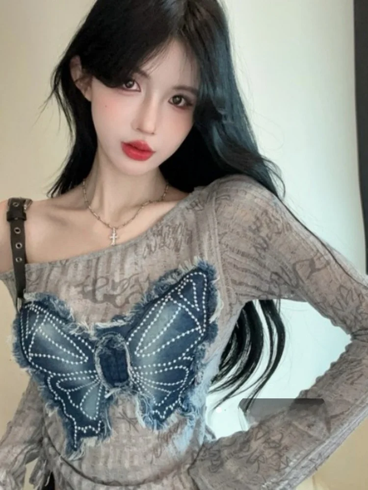 Casual Style Denim Long Sleeve T-Shirt Women's Spring American Hot Girl One Shoulder Top Irregular Sunshade Cover up