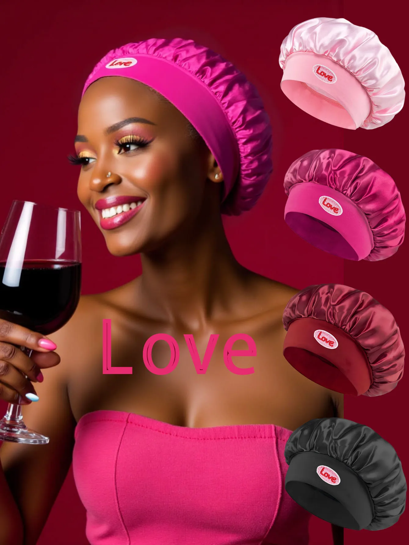 1Pc Letter “LOVE” Fashionable Nightcap Men Women Couples Satin Soft Hat Suitable For Curly Straight Hair Adjustable Elastic Band