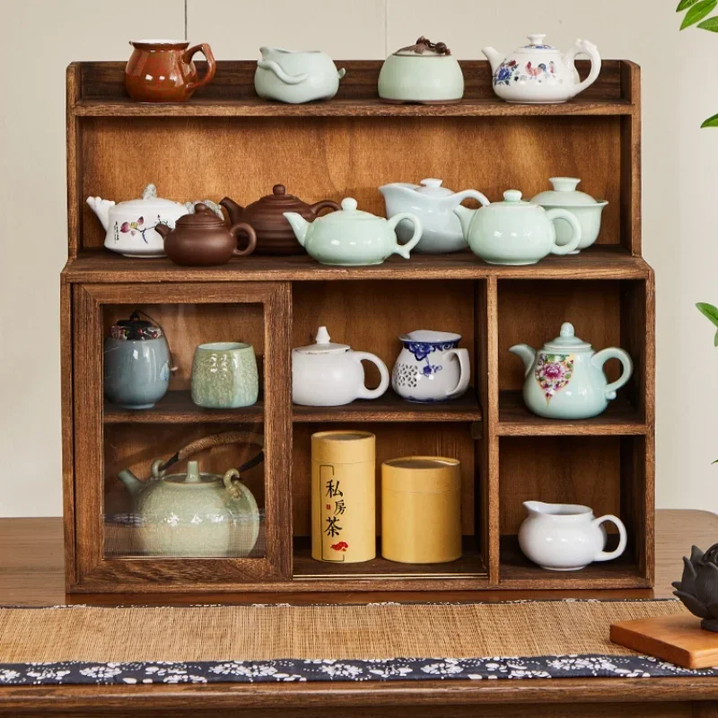 Solid Wood Wooden Countertop Cabinet With Doors And Shelves Tea Set Organizer Kitchen Pantry Cabinet Water Cup Storage Rack