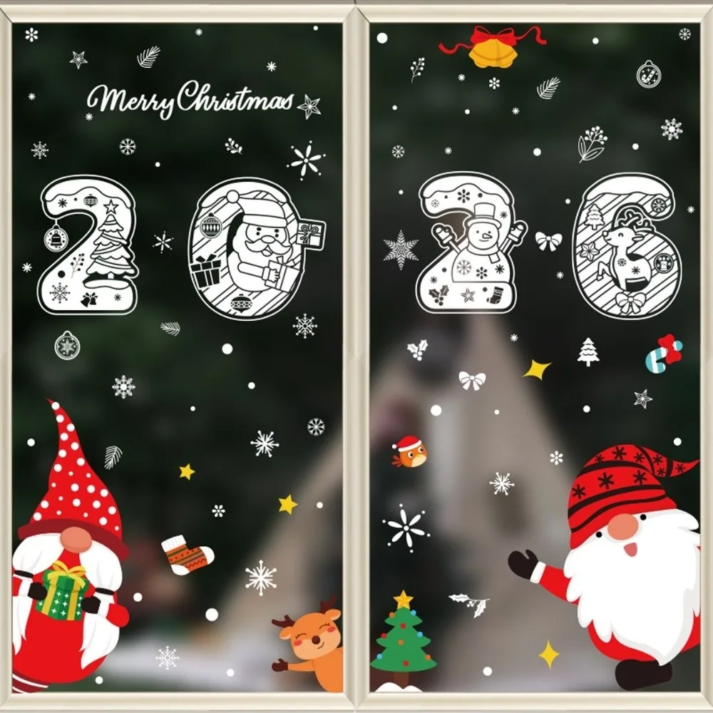 2026 Christmas Window Sticker Elk Snowman Design Santa Claus Pattern Electrostatic Glass Sticker Merry Christmas Theme