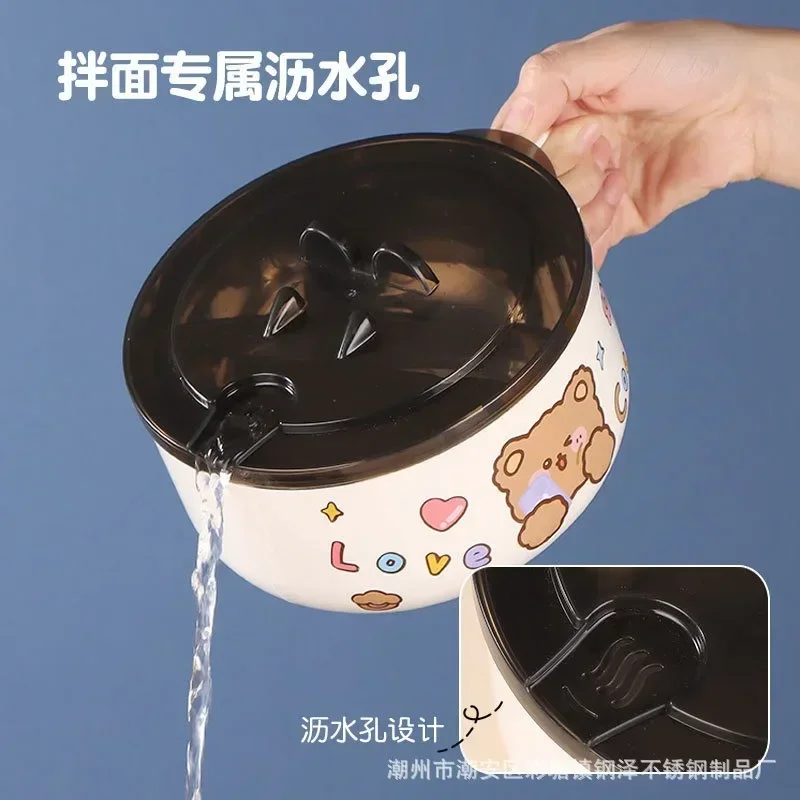 Kawaii Stainless Steel Ramen Bowl With Lid Cute Large Instant Noodles Fruit Salad Rice Soup Kitchen Tableware 1000/1300ml