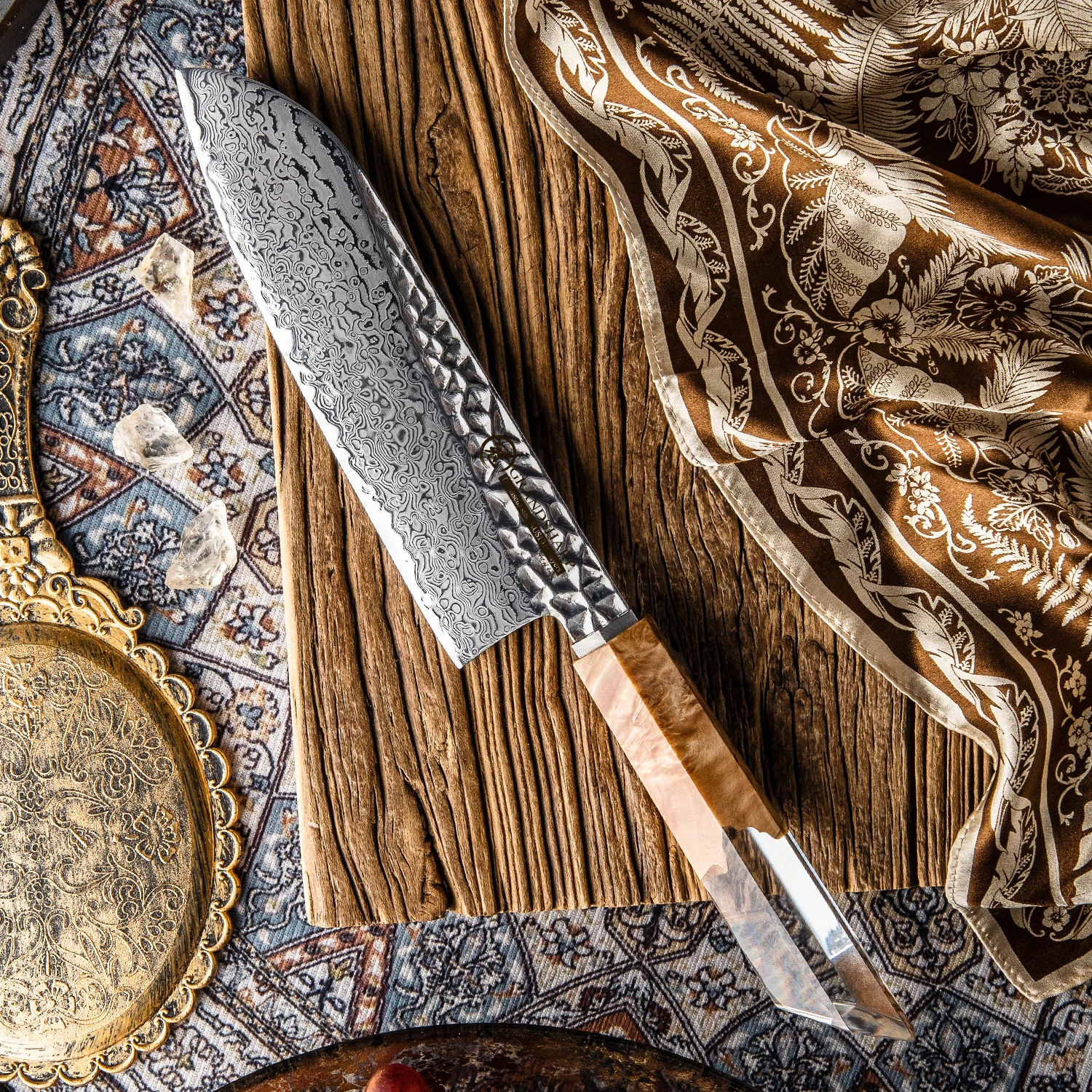 GRANDSHARP 7 Inch Santoku Japanese Knife 67 Layers Damascus AUS-10 Steel Blade Stabilized Wood and Resin Handle Cooking Tool
