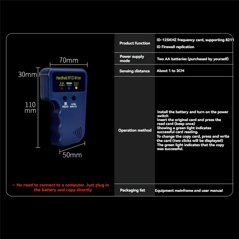 Programador e copiadora de cartão de identificação RFID portátil A68Z 125Khz, vem com 5 keyfobs e 5 cartões para EM4305 T5577