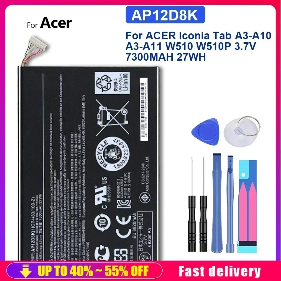 AP12D8K Tablet Battery For ACER Iconia Tab A3-A10 A3-A11 W510 W510P 3.7V 7300MAH 27WH Fast Shipping