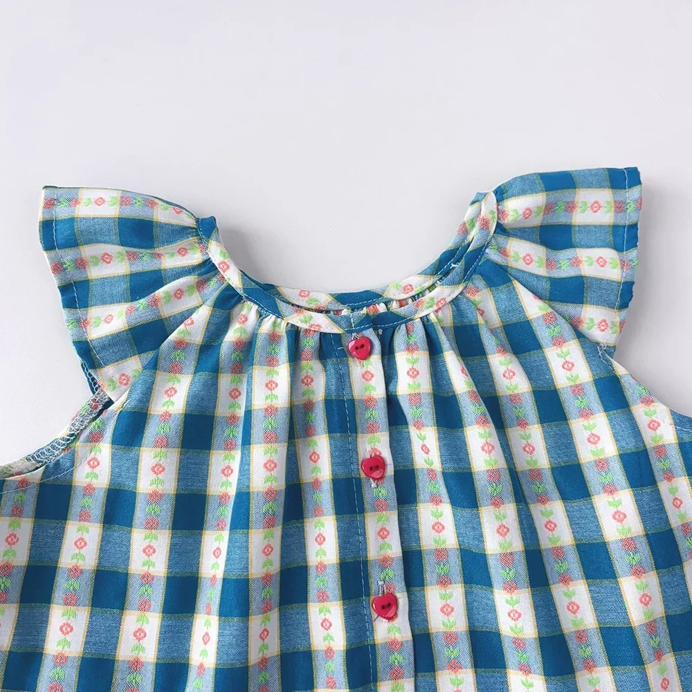 Mädchen Kleidung Sommer Rundhals Einreiher Gitter Fliegende Ärmel Top + Shorts Zwei-stück Set 1-5 Jahre alt Kinder Tragen – Detail 4
