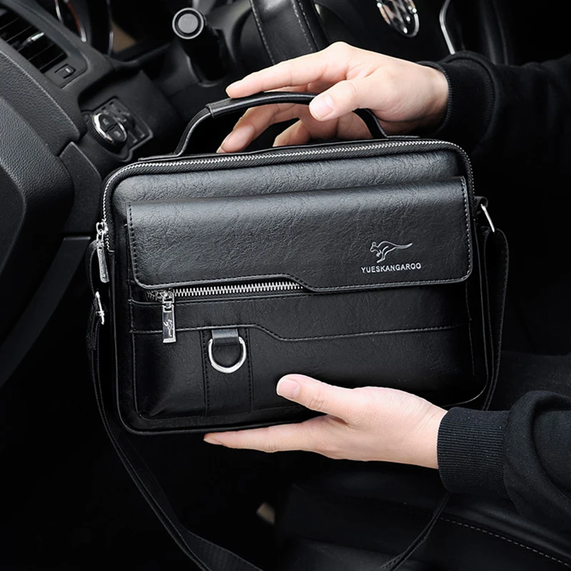 Men'S Messenger Shoulder Briefcase Business Square Tote PU Leather Cross Handbag Crossbody Square Side Phone Pouch Hand Bag Male
