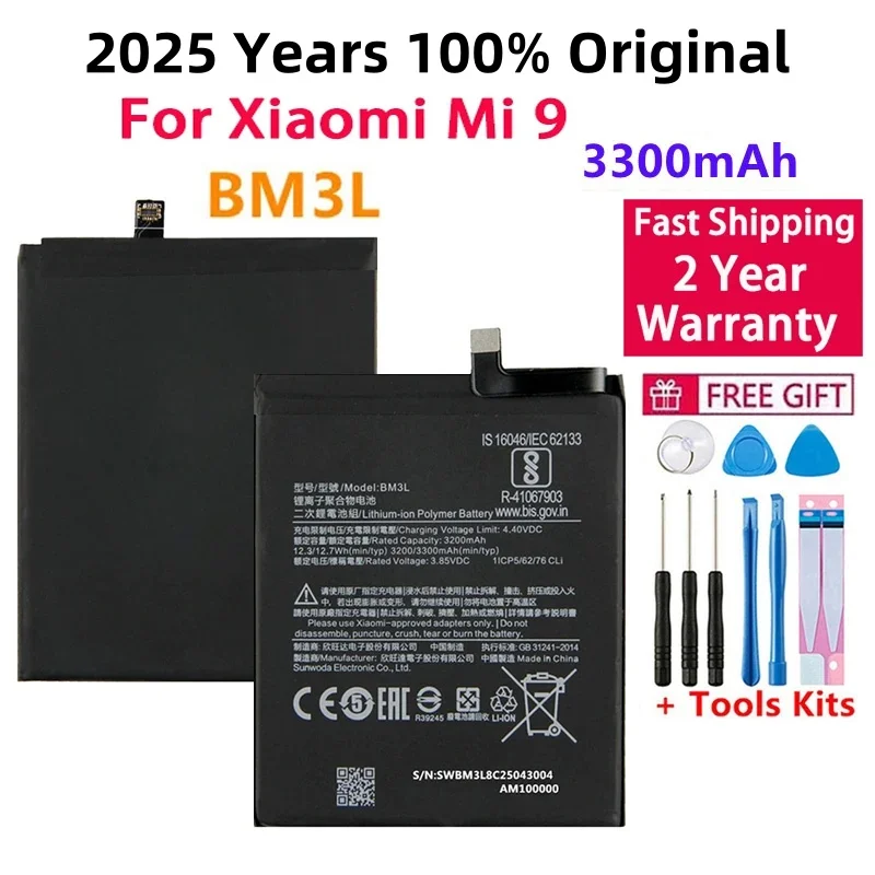 

2025 Years New Original Battery BM3L For Xiaomi 9 MI9 M9 MI 9 Bateria 3300mAh Replacement Phone Battery Fast Shipping