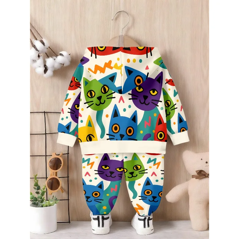 Kids Hoodie Jogger Colorful Cartoon Cat Allover Print Pink Cherry Blossom Floral Pattern Fiery Dragon Eye Graphic Kids Tracksuit
