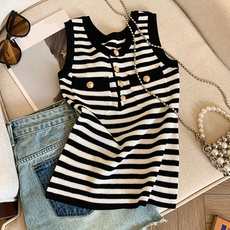 Moda listrada casual em torno do pescoço fino ajuste botão senhora doce outerwear colete para mulher