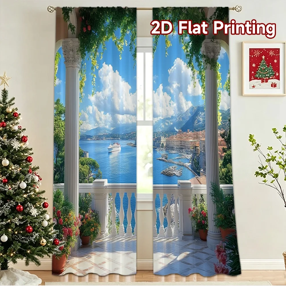 2D flat 2pcs Curtain Vintage drapes and curtains Mediterranean Terrace Sea View Digitally printed polyester, colorfast Festive