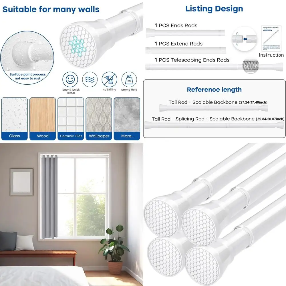 

Adjustable Spring Curtain Rods, No-Drill, 28-48 Inch, 4-Pack, White, for Windows, Closets, and Doorways