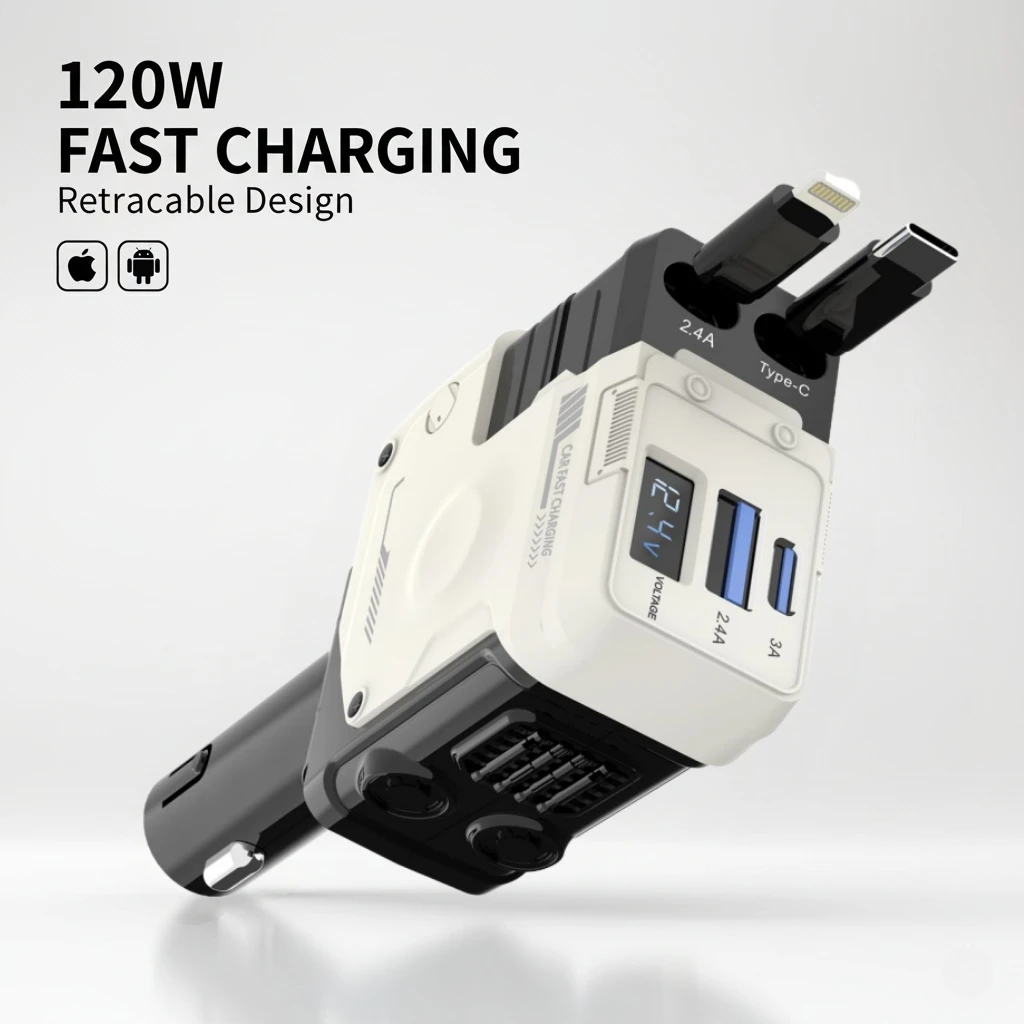 شاحن سيارة PD بقدرة 120 وات مع كابل 4 في 1 قابل للسحب، شحن سريع لهاتف iPhone Samsung Huawei، محول ولاعة