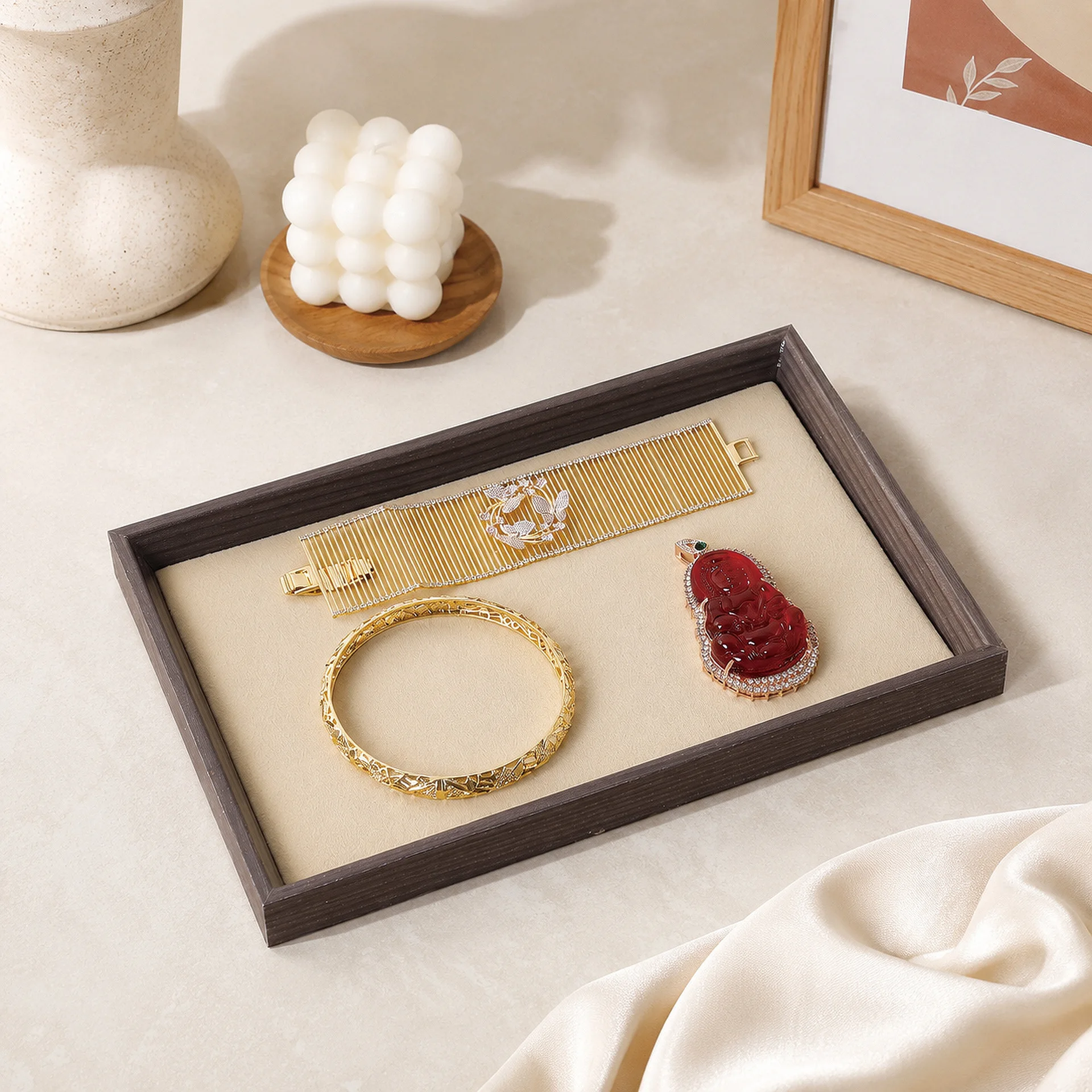 Ebony Wood Grain Jewelry Display Tray Gun Grey Micro Suede Surface Ring Ornament Holder For Counter Showcase Desktop Decoration