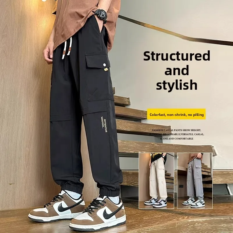 

Hong Kong Sle Embroidered Letter Work Pants Men's Multiple kets Summer Thin Ice Silk Qui Dry Casual Nine Pointed Harlan